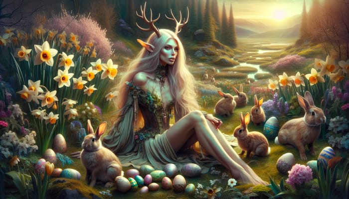 Tranquil Spring Goddess Surrounded by Bunnies and Colorful Eggs