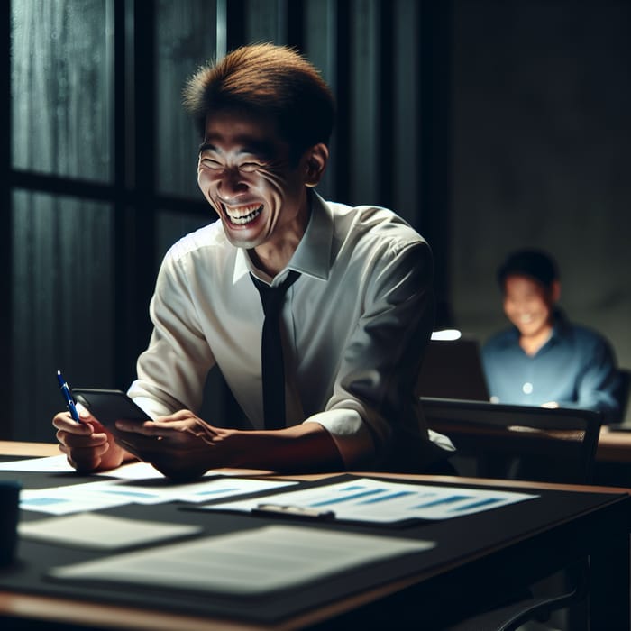 Joyful Asian Marketing Manager in Office Setting