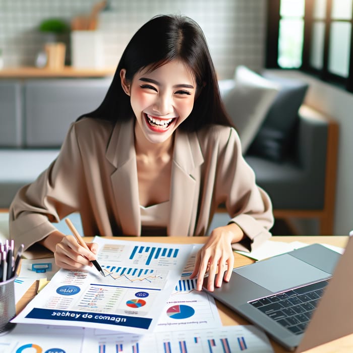 Young Asian Woman Marketing Manager Analyzing Campaign Data