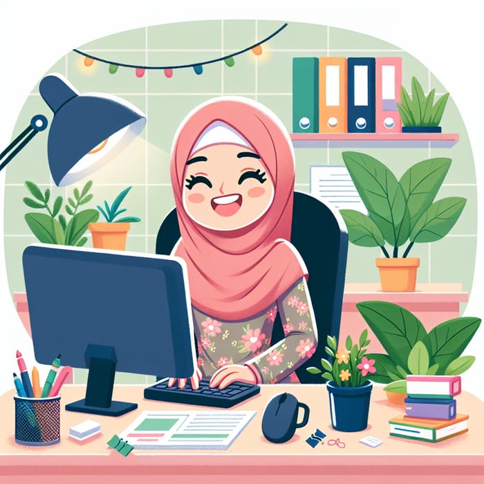 Joyful 28-Year-Old Malay Lady in Hijab at Office