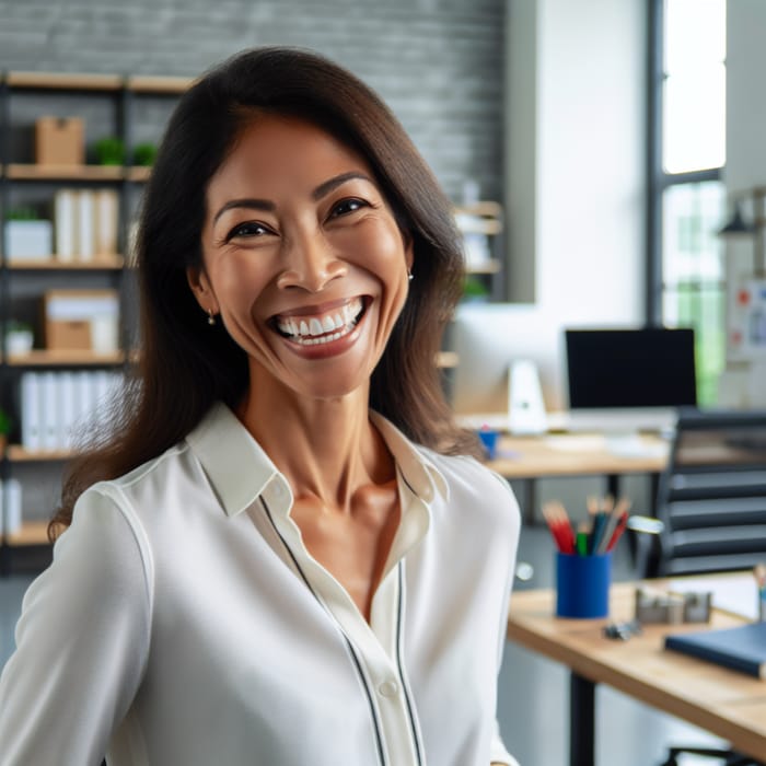 Joyful Malay Woman in Studio Office Setting