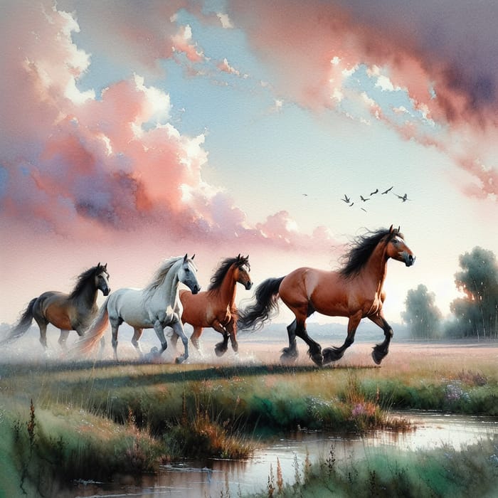 Stunning Watercolor Painting of Galloping Horses in Rosy Meadow