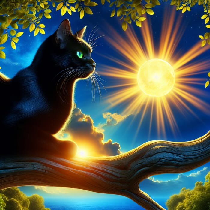 Radiant Sun with Black Cat - Serene Nature Scene