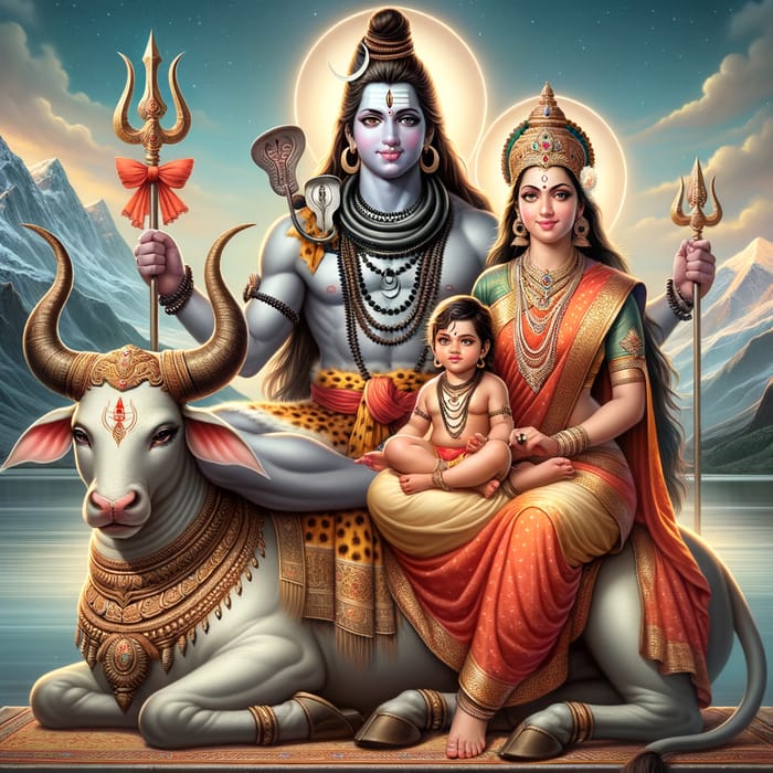 Divine Depiction of Lord Shiva, Maa Parvati, Lord Ganesh, and Kartikeya on Nandi Bull