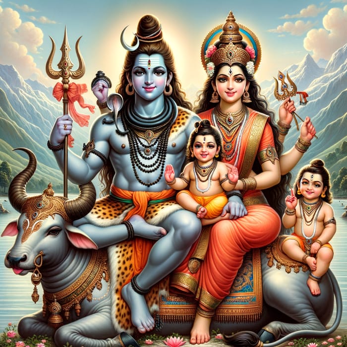 Divine Lord Shiva and Maa Parvati with Ganesha and Kartikeya