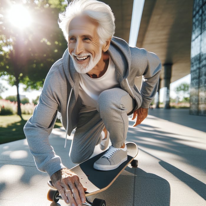 Elderly Man Skateboarding Through Vibrant City Park