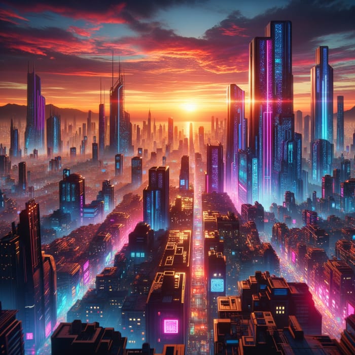 Futuristic Neon Cyberpunk Cityscape at Sunset | Dramatic Lighting & Vibrant Crowds