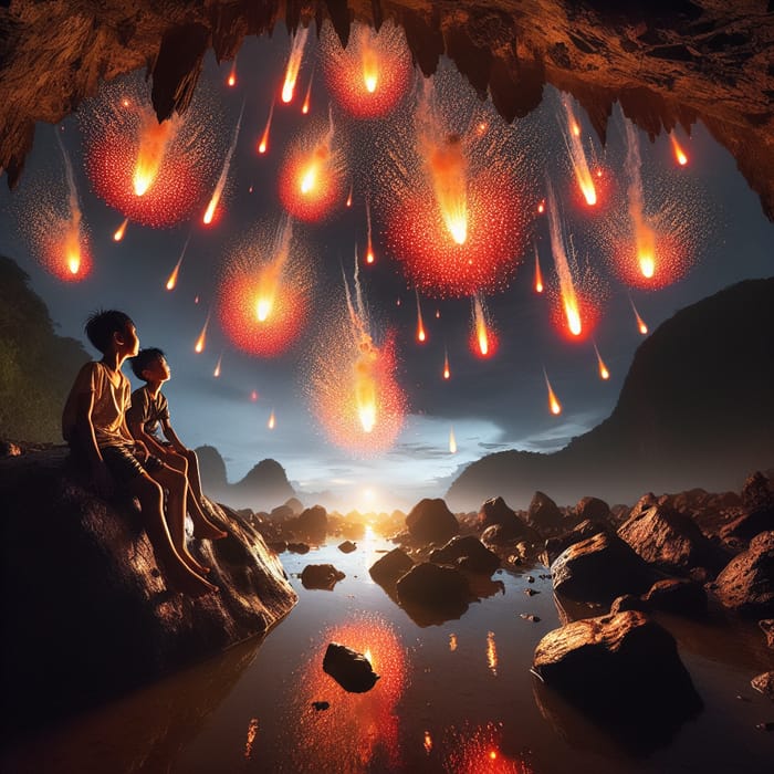 Asian Boys Witness Fiery Parade in Cave Post-Summer Rain