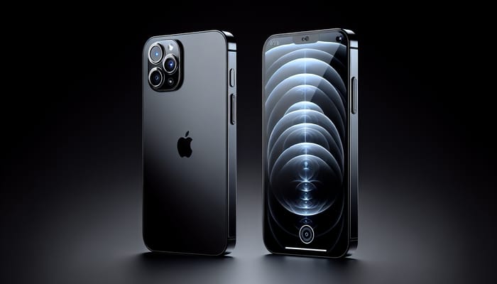 Futuristic iPhone 15 Front and Back View on Black Background