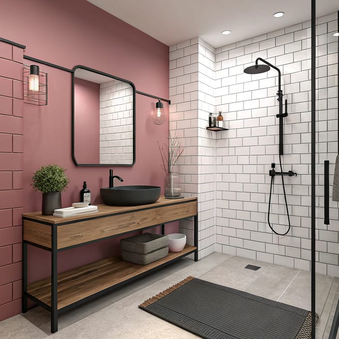 Stylish Dusty Pink Bathroom with Black Accents