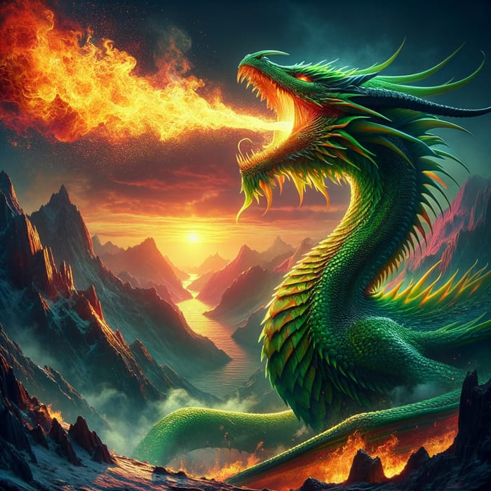 Green Dragon Breathing Fire at Mountain Sunset