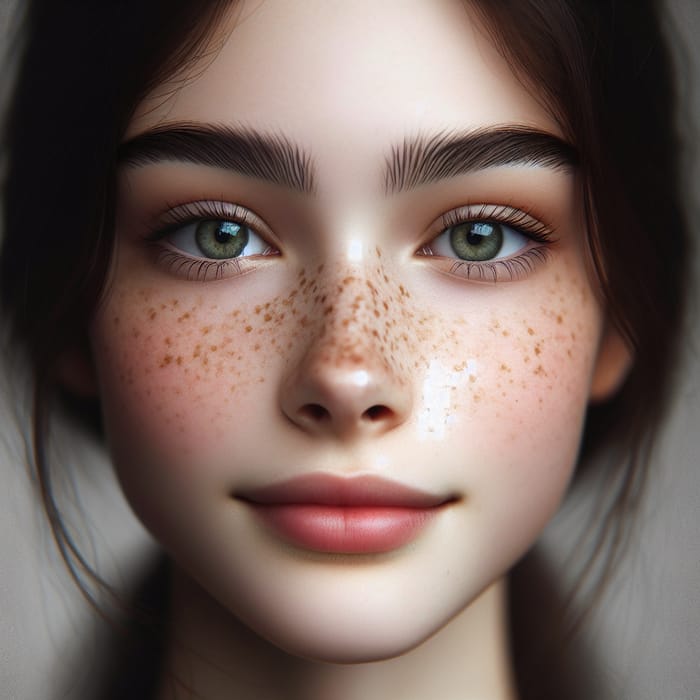 Serene 17-Year-Old Girl with Dark Brown Hair, Sage Green Eyes, and 10 Freckles