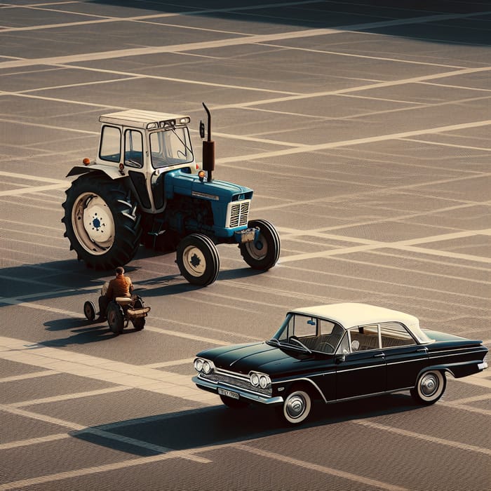 Tractor Driver Maneuvering on Red Square with VAZ 2107 Nearby