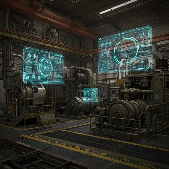 Futuristic Cyberpunk Factory with Holograms Futuristic Cyberpunk Factory with Holograms