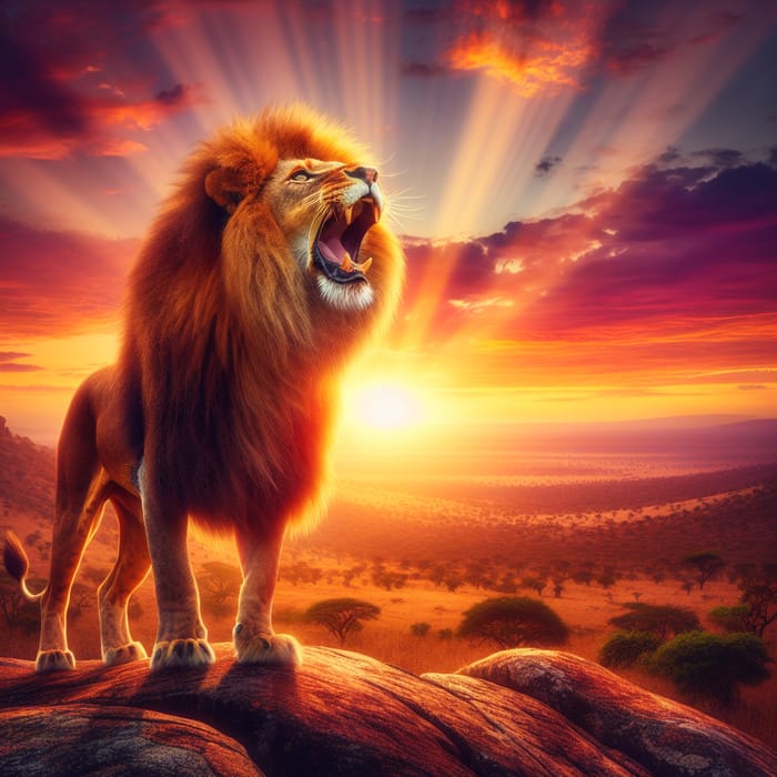 Regal Lion Roaring in African Savanna at Sunset