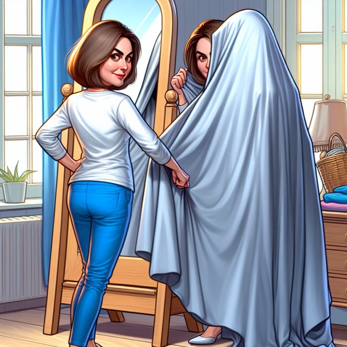 Caricature of a Woman Covering Mirror with Cloak in Room