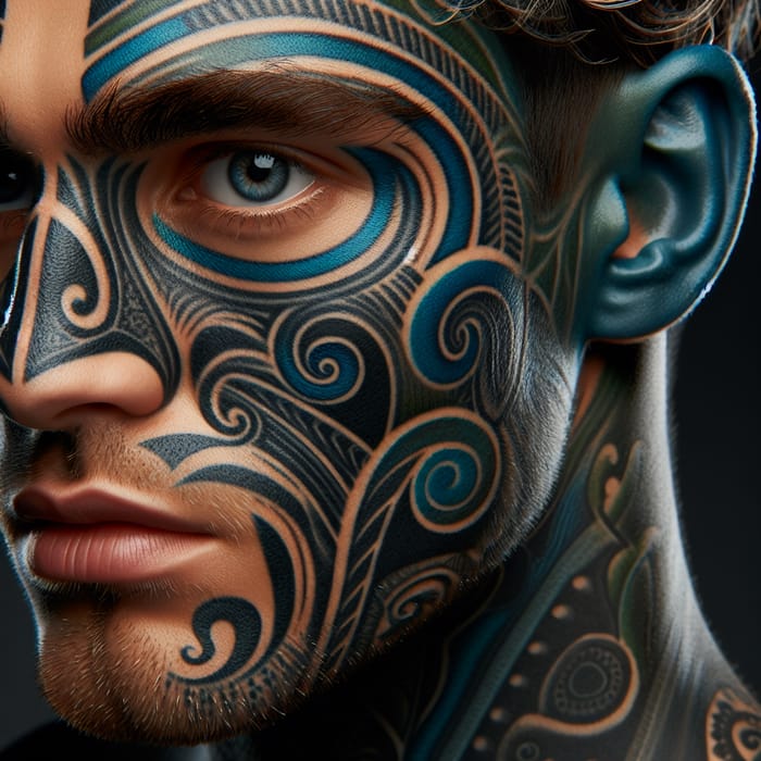 Maori Cultural Heritage: Intricate Facial Tattoo in Blue & Green