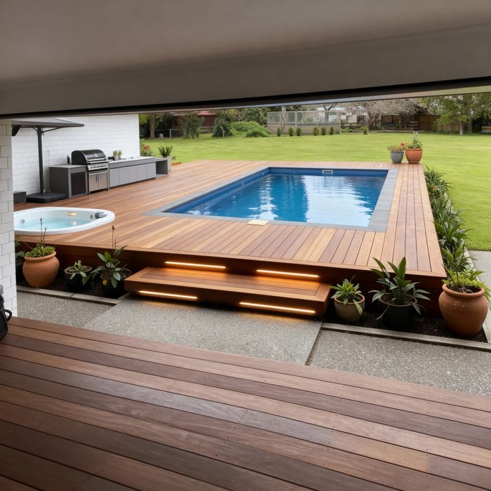 Modern Outdoor Deck with Rectangular Pool & Spa Modern Outdoor Deck with Rectangular Pool & Spa