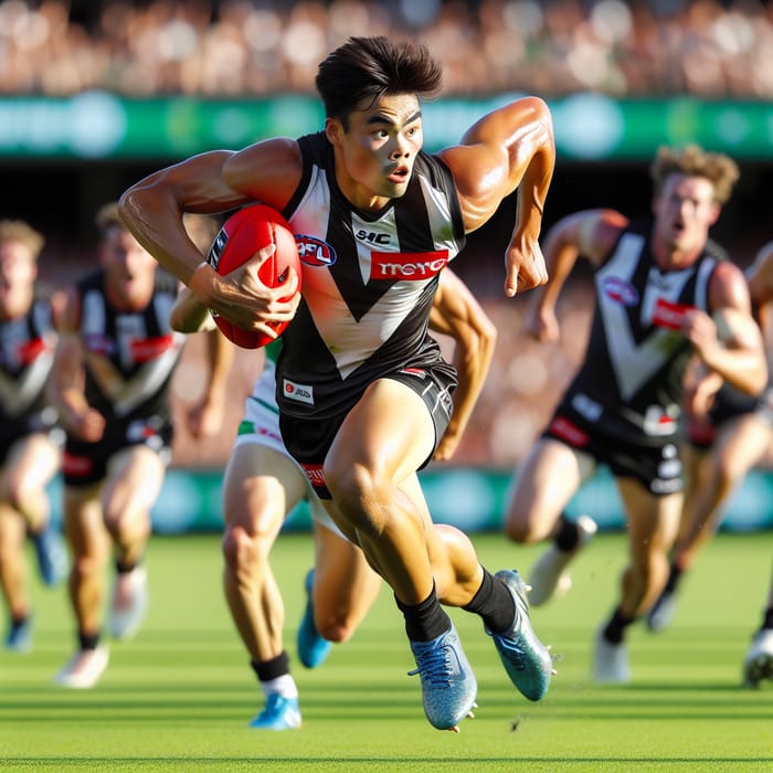 Asian AFL Footballer: Lightning-Fast Action Shot Capturing Intense Gameplay