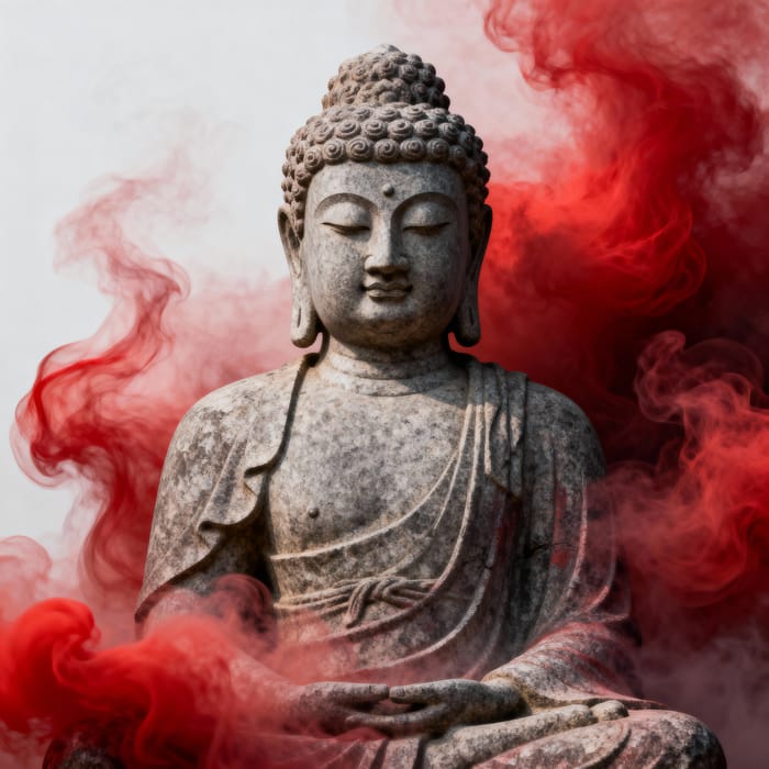 Majestic Stone Buddha with Red Smoke Art Majestic Stone Buddha with Red Smoke Art