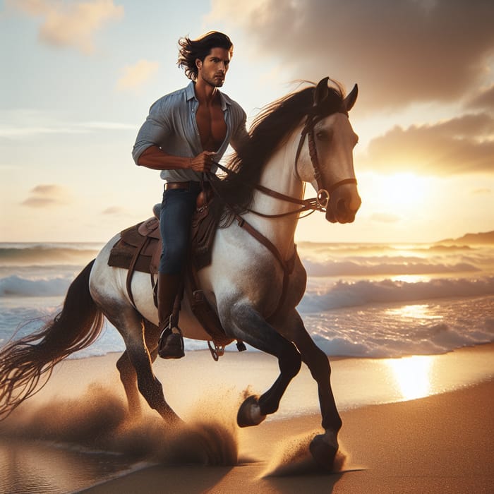 Latino Man Riding Stallion on Beach