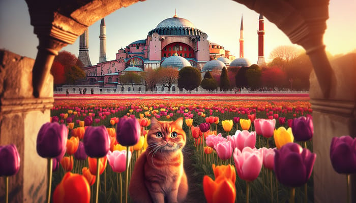 Enchanting Hagia Sophia Mosque with Multi-Colored Tulip Field