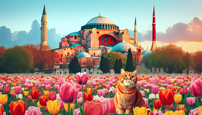 Hagia Sophia & Multicolored Tulip Field in Istanbul