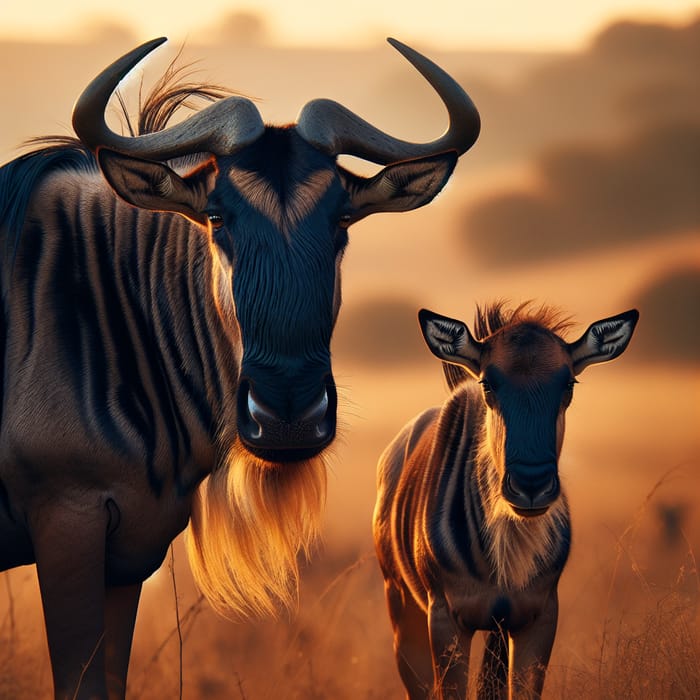 Wildebeest and Calf in African Savannah