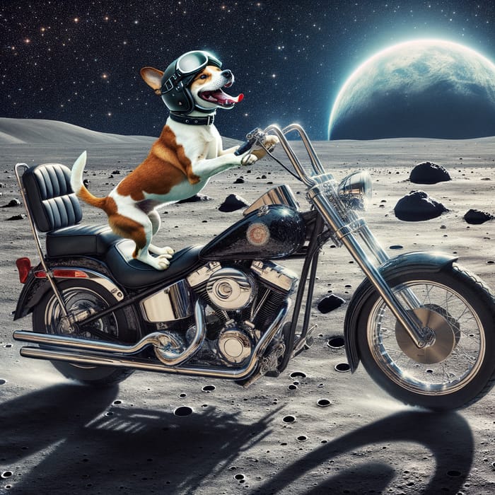 Happy Dog Riding a Motorcycle on the Moon