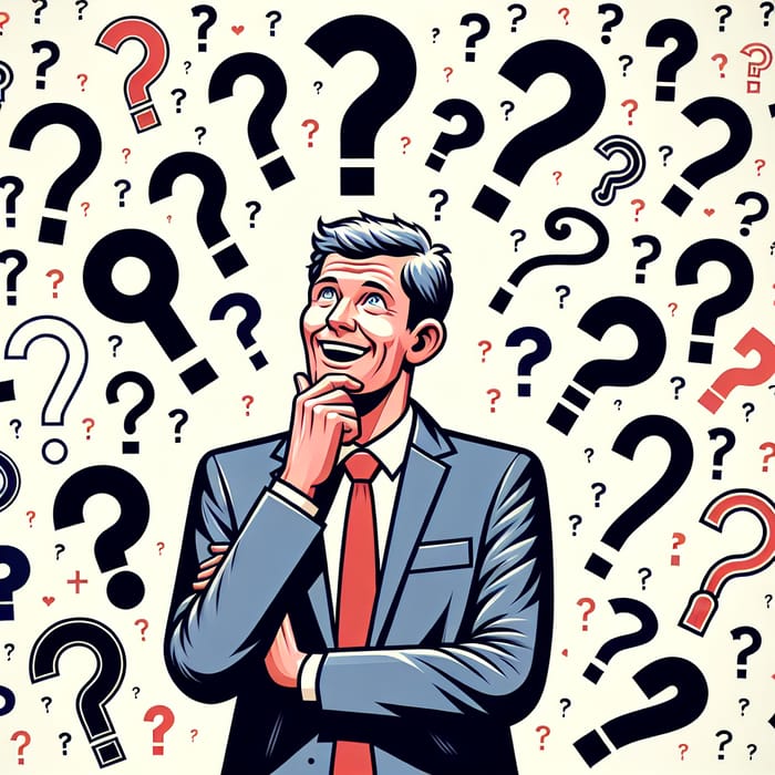 Thoughtful Politician Surrounded by Question Marks - Leadership Reflection