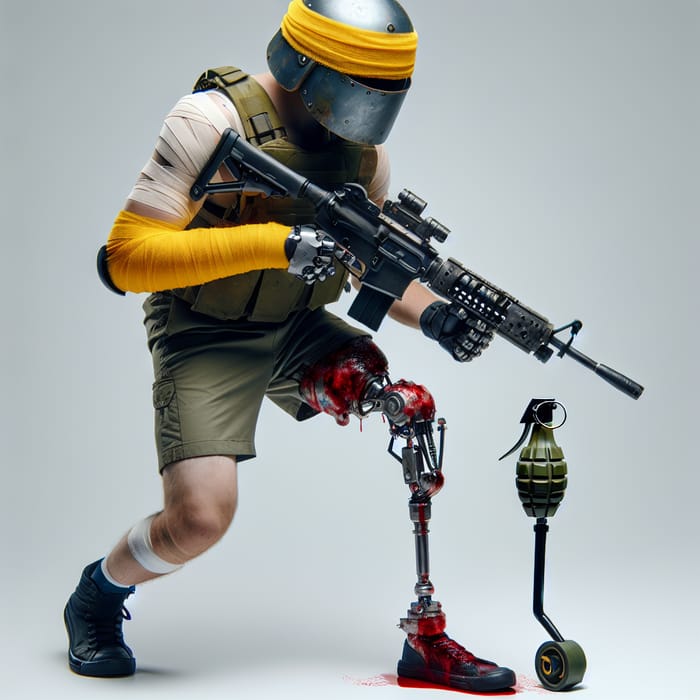 War Veteran with Prosthetic Leg Holds Grenade Launcher