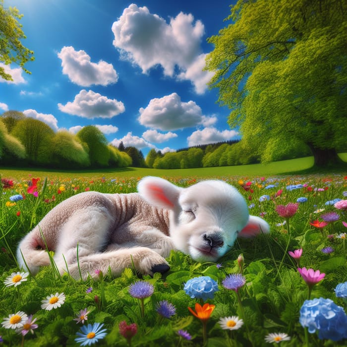 Peaceful Sleeping Baby Lamb in Enchanting Pastoral Scene