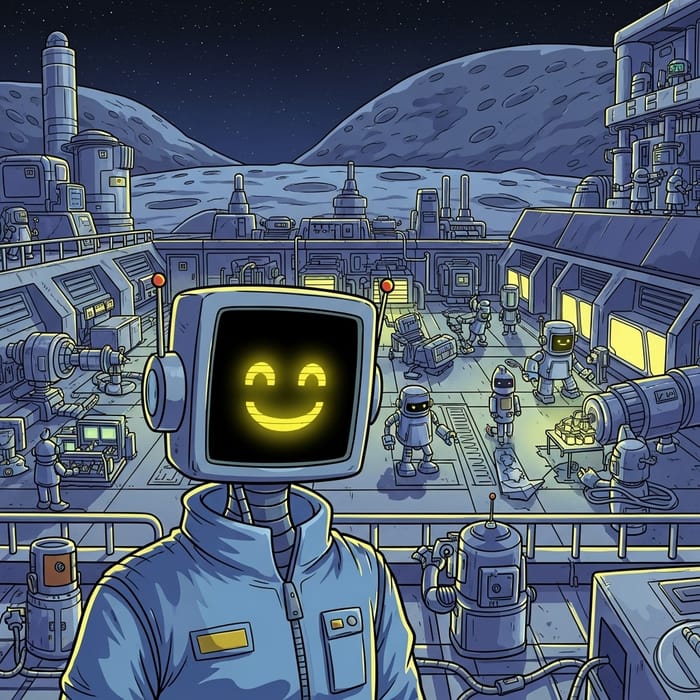 Cartoon Humanoid Robot in Moon Factory Cartoon Humanoid Robot in Moon Factory