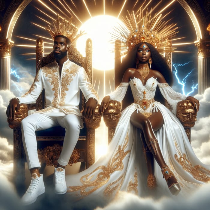 Royal African Couple in Divine White Attire - Heavenly Throne Room Emanation