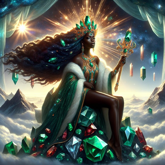 Black Woman Empress: Majestic Presence atop Emerald and Ruby Mountain