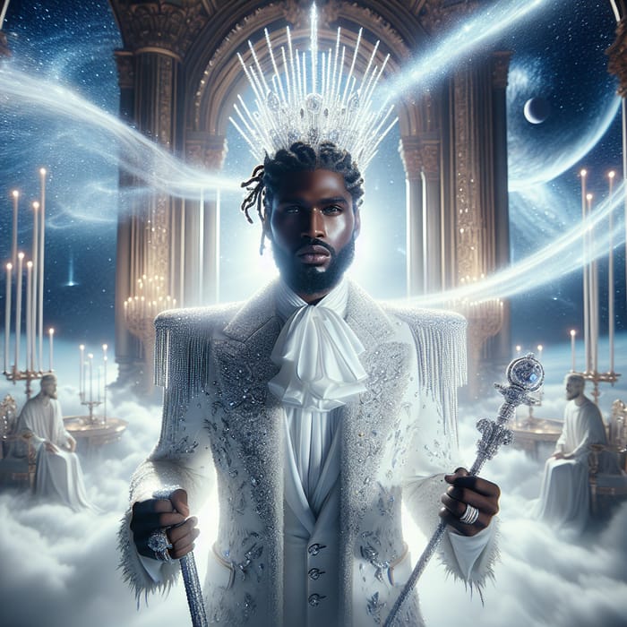 Majestic Throne Room with Radiant Black Man in Jewel-Encrusted Suit