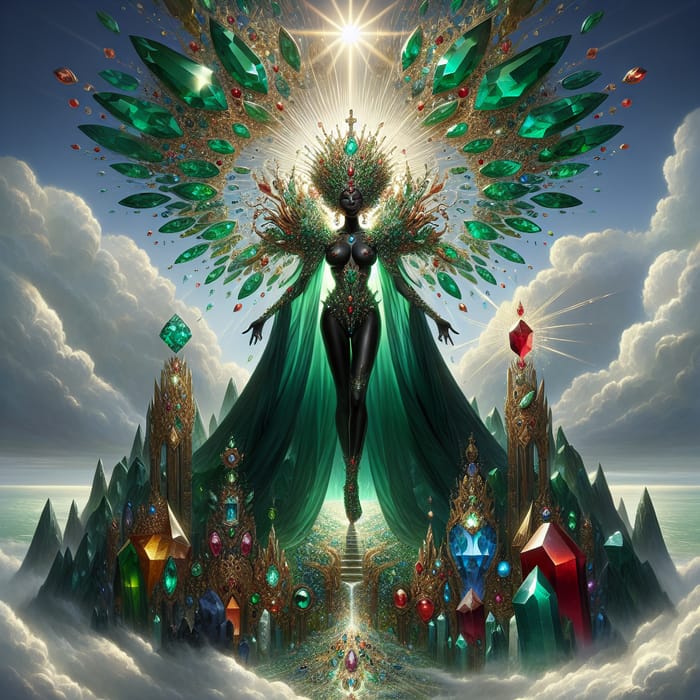 Black Woman's Majestic Power: Emerald & Ruby Armor on Gemstone Mountain