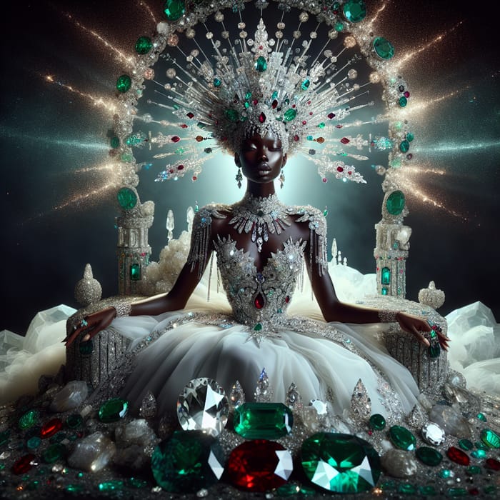 Majestic Black Woman Enthroned in Ruby and Emerald Splendor