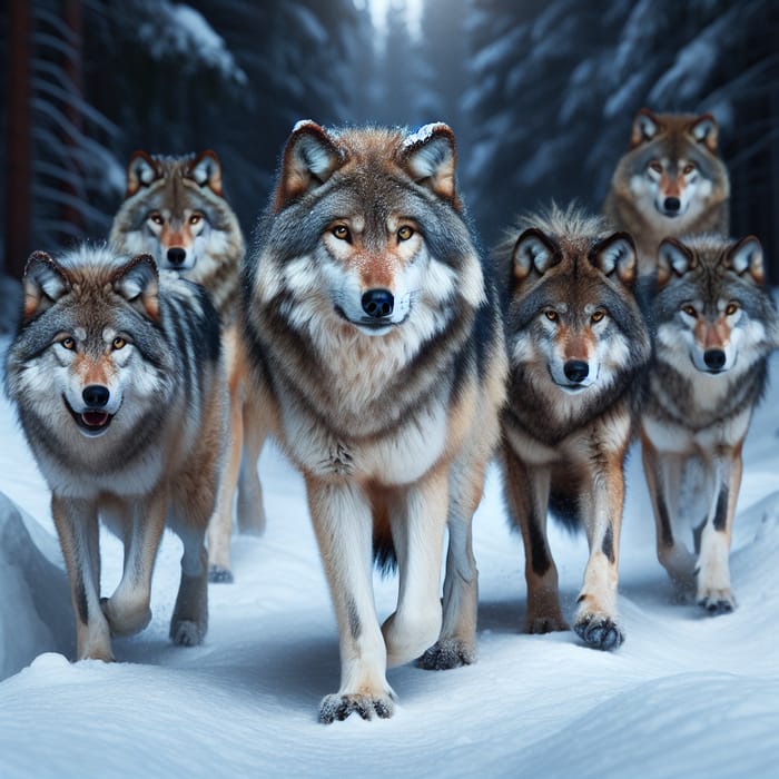 Wild Wolf Pack in Winter Habitat - Majestic Wolves in Snowy Forest