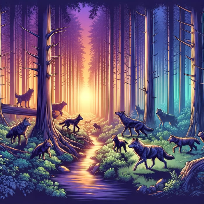 Wild Wolf Pack in Dense Forest