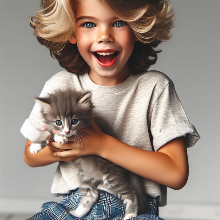 Cute Blond Boy with Curly Hair Playing with Gray Kitten