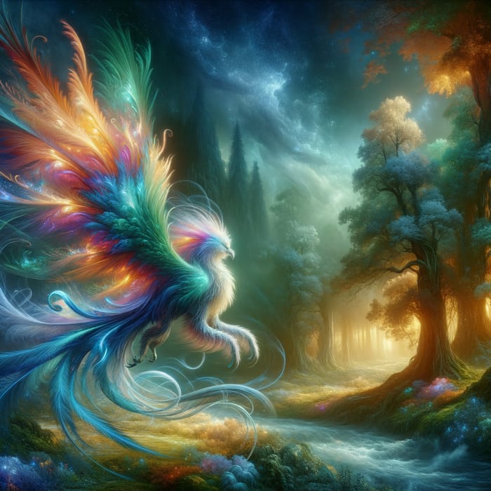 Enchanting Mystical Creature in Vibrant Fantasy Forest | Iridescent Colors