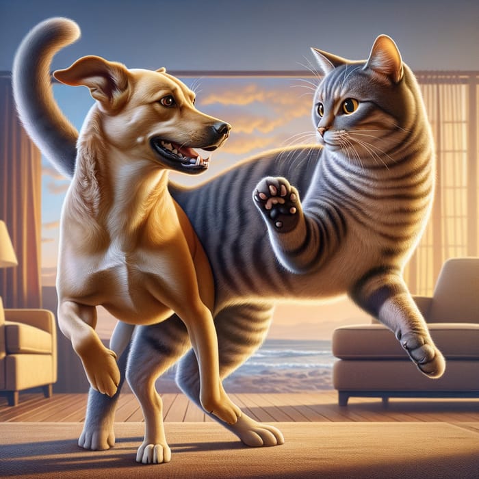 Dog and Cat Playfully Engaging: A Cozy Home Scene