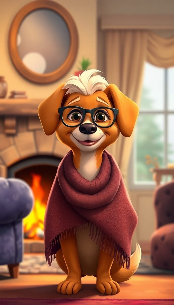 Cute Cartoon Old Lady Dog in Cozy Living Room