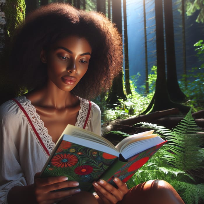 Tranquil African American Woman Reading in Enchanting Forest