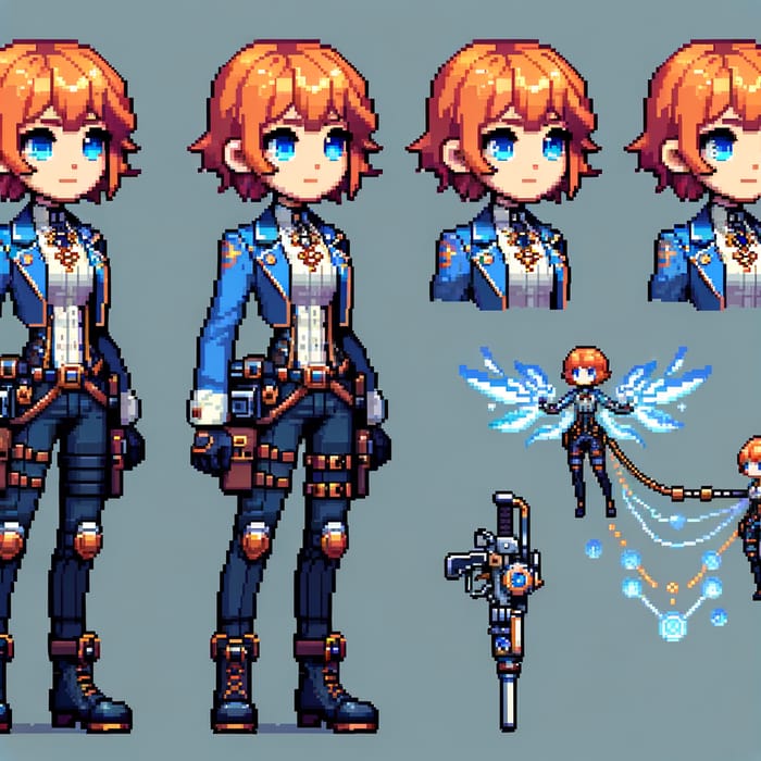 Marie Wentz Pixel Art Character Sheet: Cyberpunk Detective Design