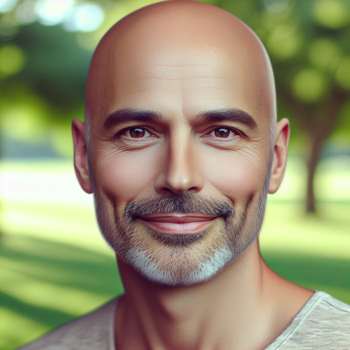 Cute 45-Year-Old Bald Man with Dimples | Outdoor Serene Portrait