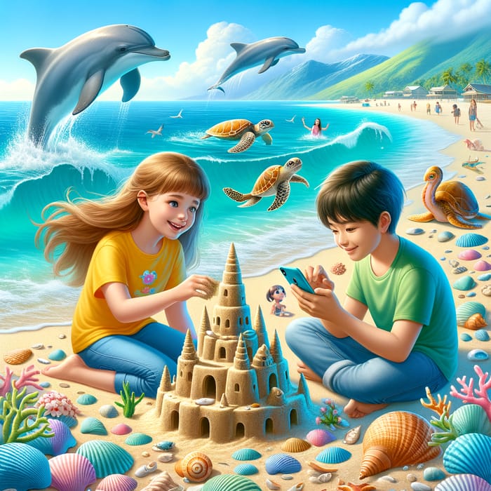 Joyful Beach Scene with Sandcastle, Dolphins, Turtle, and Octopus