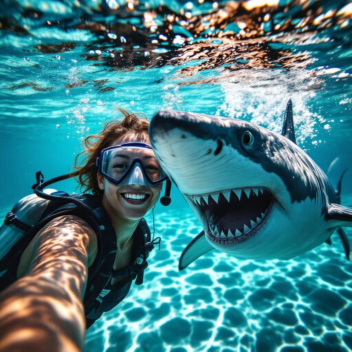 Underwater Selfie with a Playful Great White Shark