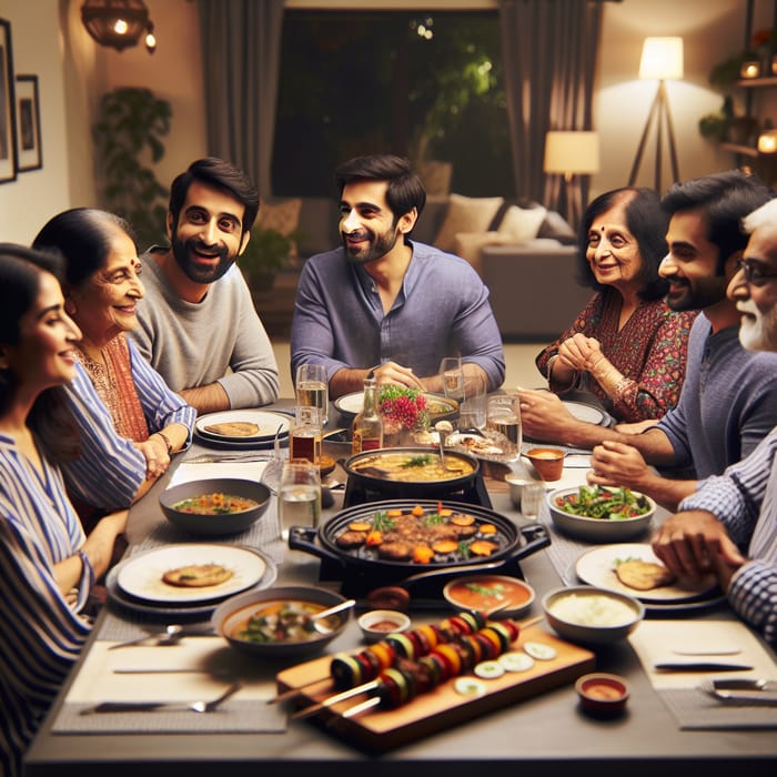 Evening Family Dinner Table Celebration with Steaming Food Delicacies